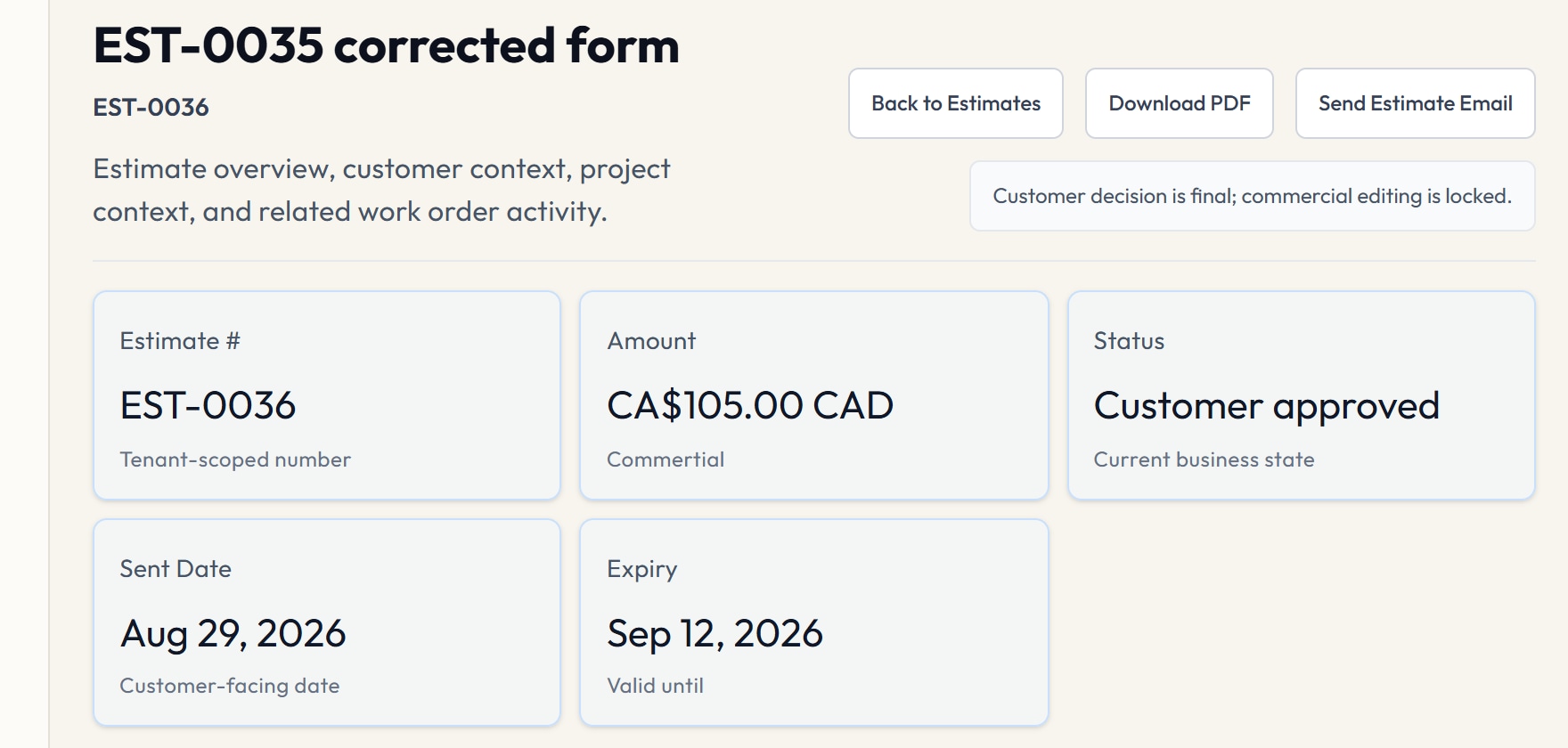 VolteraForge estimate summary showing customer-approved status and commercial context.