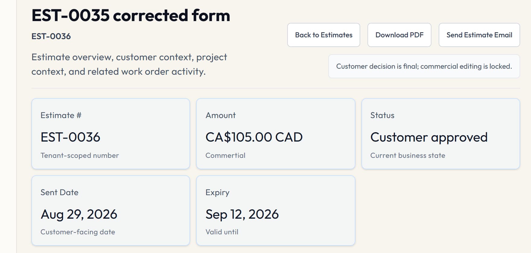 VolteraForge approved estimate with connected work and invoice actions