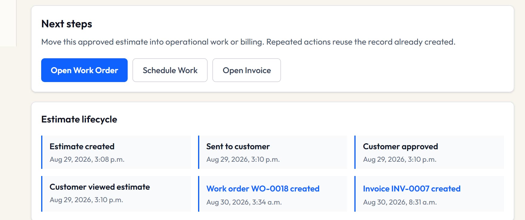 VolteraForge approved Estimate showing operational next steps and the complete estimate lifecycle from creation through work order and invoice.